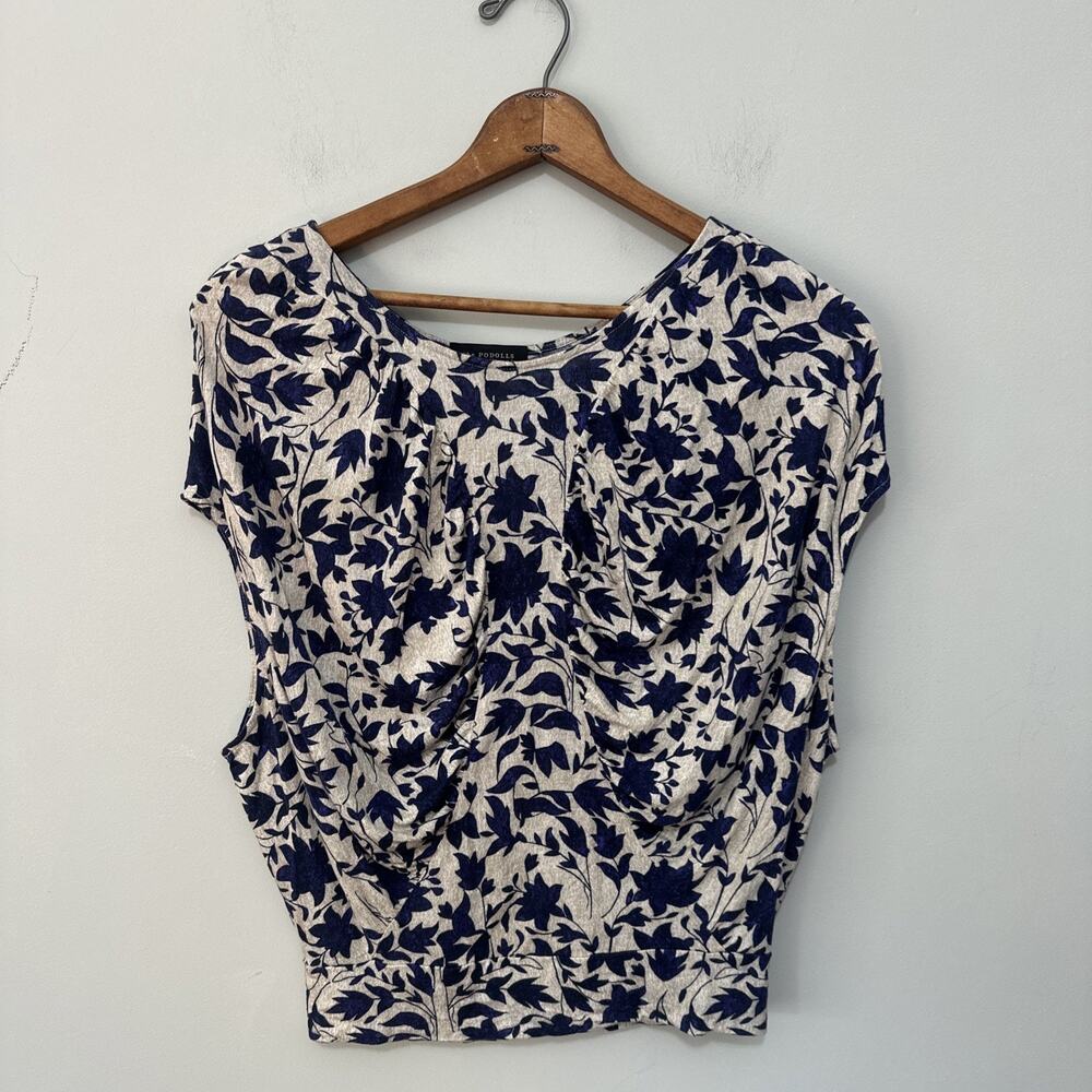 The Podolls Top Womens XS Indigo Beige Floral Dainty Dolman Sleeve Quiet Luxury